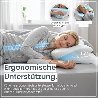 Ергономічна подушка для шиї та голови Gentle North з ефектом пам'яті (Memory Foam), універсальна для будь-якої пози сну, зі знімним чохлом, світло-сіра (61x40x12 см)