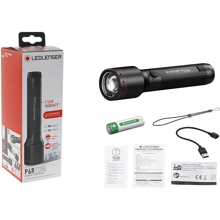 Ліхтарик Ledlenser P6R Core, 900 люмен, акумуляторний, LED, IP68, фокусування, 240 м, USB-зарядка
