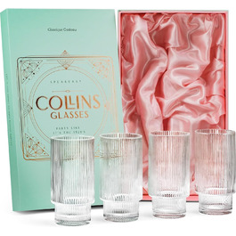 Набір склянок для коктейлів GLASSIQUE CADEAU Art Deco 400 мл, 4 шт. – вінтажні рифлені високі склянки для джин-тоніку, лонгдринків, мохіто