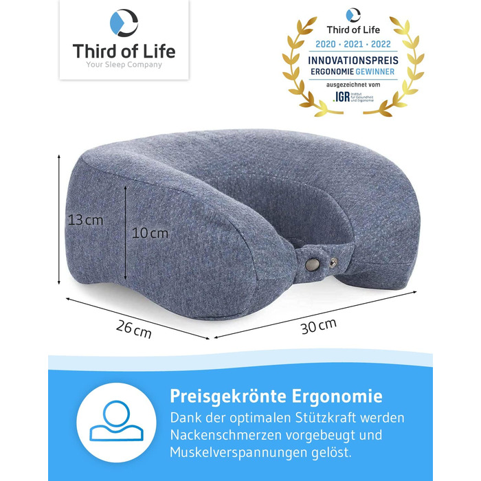 Ергономічна подушка для шиї ANDAR QuickDry з Memory-Foam для подорожей, швидковисихаючий чохол, проти болю в шиї, сіра, для літака, авто