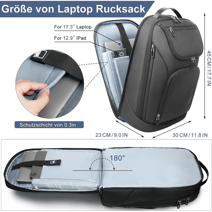 Чоловічий рюкзак HEROIC KNIGHT 30L для ноутбука 17,3" – водонепроникний, антивор, USB, для роботи та подорожей, чорний