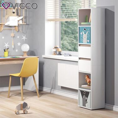 Дитячий стелаж Vicco Robert білий/сонома 36,2x171 см з кольоровими та сірими коробами для зберігання