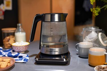Скляний електрочайник Russell Hobbs Attentiv 26200-70 з регулюванням температури (40-100°C), ситом для чаю, цифровим керуванням та функцією підігріву, 1.7л, 2400Вт, нержавіюча сталь