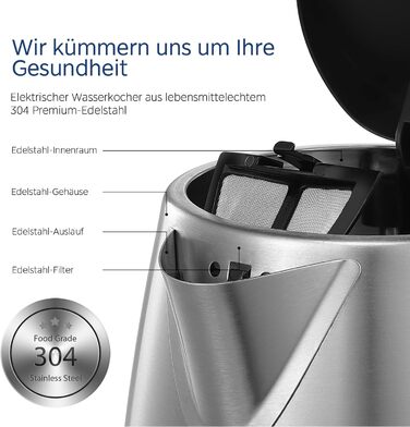 Електрочайник Midea MK-17S30A2 з нержавіючої сталі, 1.7 л, BPA-free, 2200 Вт, швидке кип’ятіння, ізольована ручка, індикатор рівня води, LED-підсвітка, захист від перегріву
