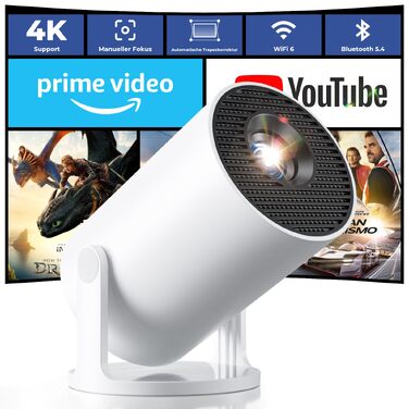 Mini проектор 4K Beamer з Android 14, WiFi 6 та Bluetooth 5.4 – 20000 Люмен, Автокорекція трапеції, Портативний кінотеатр для дому (білий, 15x11x18 см)