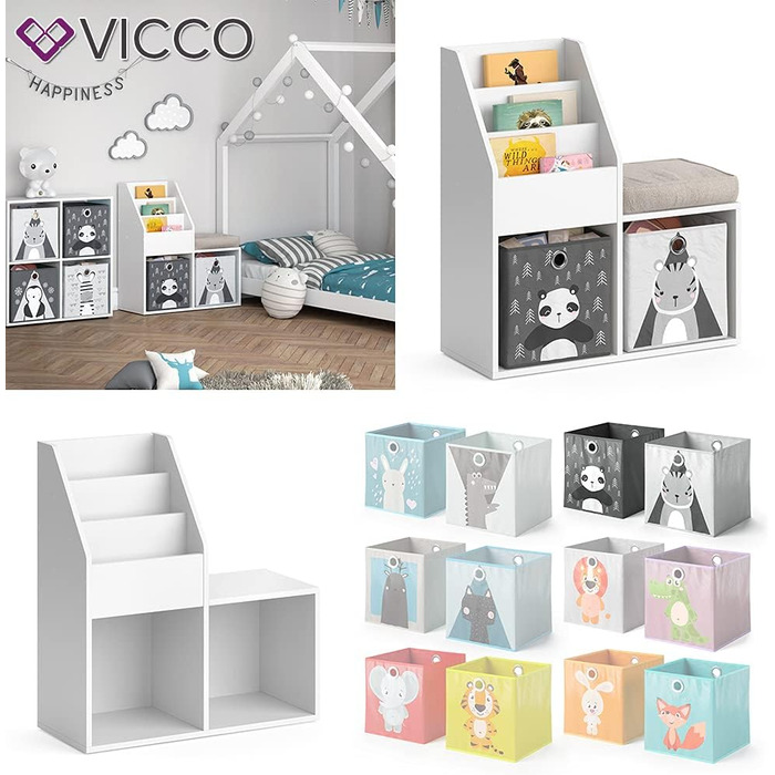 Дитяча книжкова полиця Vicco Luigi, біла, 72x79 см, з 2 текстильними коробками Panda/Tiger