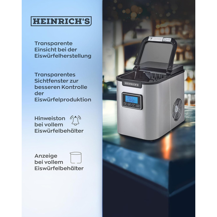 Машина для льоду HEINRICHS, льодогенератор з таймером, 3 розміри кубиків льоду, LCD-дисплей, резервуар 2,2 л, автоматичне очищення, нержавіюча сталь, 120 Вт