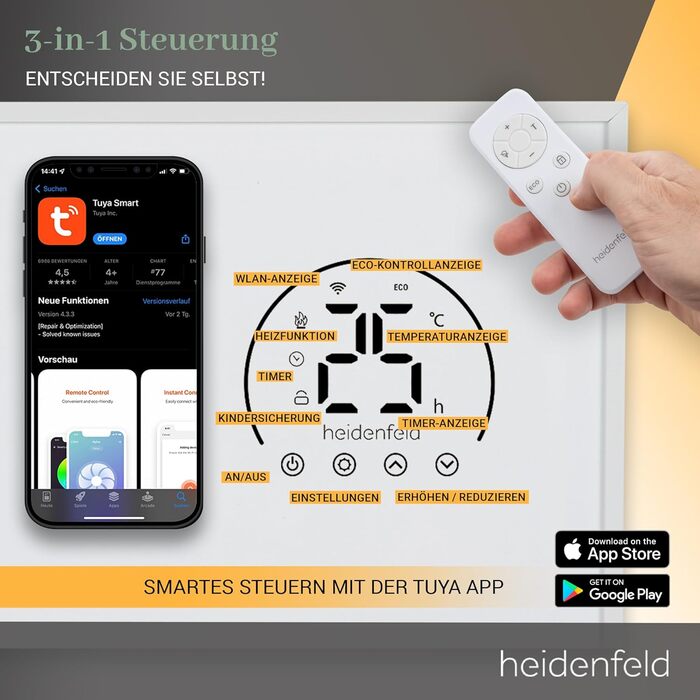 Інфрачервовий обігрівач Heidenfeld HF-HP140 | 300 Вт | 10 м² | Керування через додаток, пульт, сенсорна панель | Мобільний електрообігрівач з термостатом