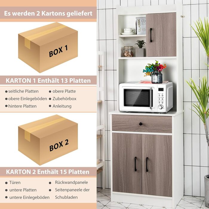 Кухонна шафа-буфет GIANTEX біла, багатофункціональна шафа для мікрохвильовки 60x180 см, з шухлядою та регульованими полицями, з кріпленням до стіни