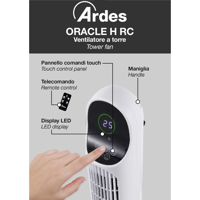 Турмовентилятор ARDES AR5T1000 Horacle HRC, 100 см, білий, з дистанційним керуванням, автоматичною осциляцією, 3 швидкості, таймер, цифрова панель керування