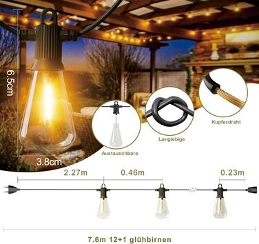 Гірлянда світлова LED Kawaya для вулиці 30м, 52 лампочки ST38, IP65, теплий білий 2700K, для саду, тераси, весілля, вечірки