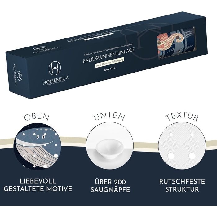 Дитячий килимок для ванни Homerella, антиковзний, 100% BPA-free, 100x40 см, з 2 гачками, шкірно-безпечний, стійкий до цвілі, можна прати, дизайн Deep Blue Ocean Friends