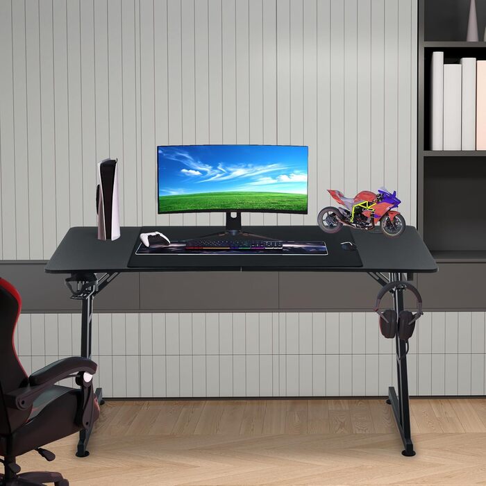 Ігровий стіл XMTECH 140x60 см з RGB LED, стіл для комп'ютера з карбоновою поверхнею, чорний, з тримачем для навушників та підставкою для напоїв