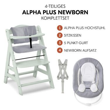 Дитячий високий стільчик Hauck Alpha+ Newborn Set з 2in1 гойдалкою - Зростаючий дерев'яний стільчик для годування з народження, з подушкою та гойдалкою для новонароджених - М'ятний Classic Mint