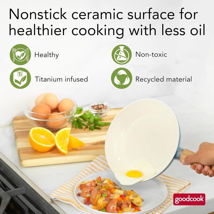 Набір керамічного посуду GoodCook Gesundes 12 предметів, світло-блакитний: каструлі, сковорода, пароварка та аксесуари, для індукційних плит