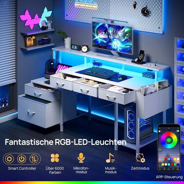 Письмовий стіл Rolanstar з розеткою, 5 шухлядами, LED підсвіткою, органайзером та підставкою під монітор - білий кутовий стіл для дому та геймінгу