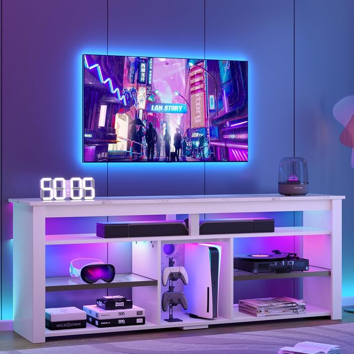 Тумба під телевізор Bestier 70 дюймів з підсвіткою LED, для PS5, біла мармурова - 160x33.8x66.8 см