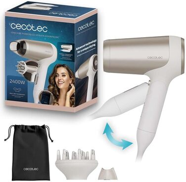 Фен для волосся Cecotec IoniCare Power&Go Black, 2400 Вт, з іонізацією та сумкою для зберігання, колір шампань