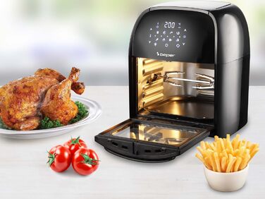 Аерофритюрниця BEPER P101FRI012 цифрова, 12 л, 1800 Вт, гриль, тостер, сушарка, 8 програм, сенсорна панель, аксесуари, чорна