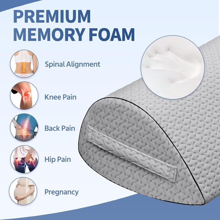 Подушка для сну на боку Pozico: ортопедична подушка з піни Memory Foam для ніг, колін, стегон та спини, знімний чохол, сіра