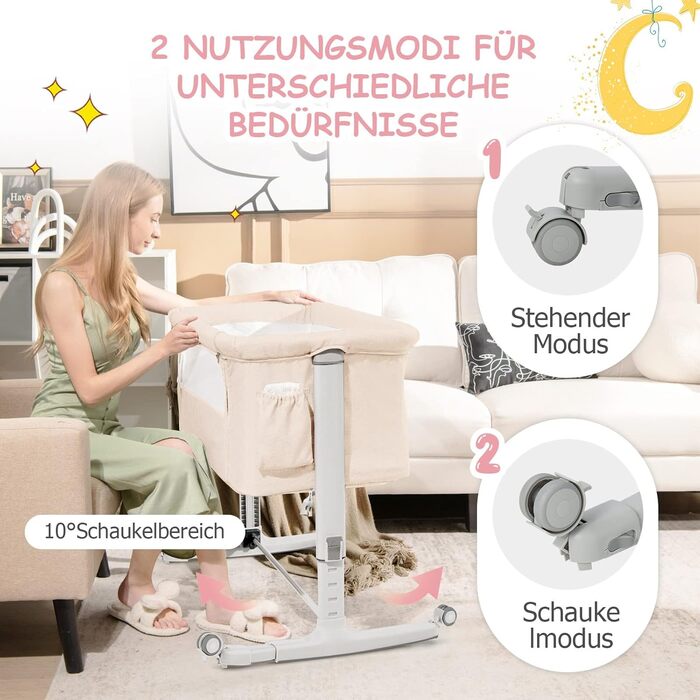 Дитяче ліжко-гойдалка Dreamade 2 в 1 з регулюванням висоти, 86 x 63 см, для новонароджених до 9 кг, з матрацом та колесами, похил 10° (Бежевий)