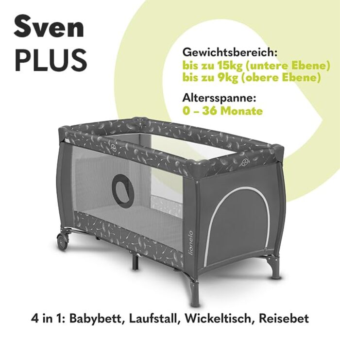 Дитяче ліжечко-манеж Lionelo Sven Plus 4-в-1 з пеленатором, москітною сіткою, бічним входом, до 15 кг, складане, із сумкою