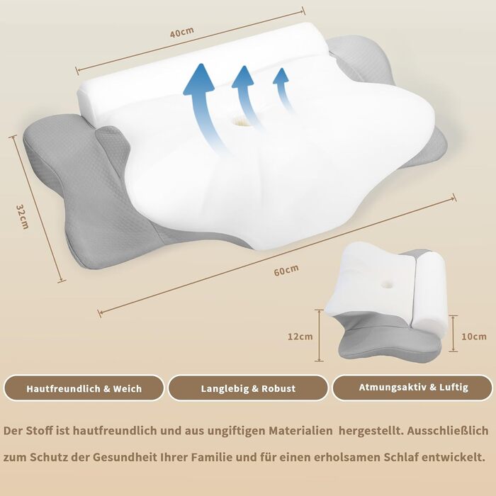 Подушка ортопедична з піною Memory Foam для сну на боці LAMB, 60x32 см, сіра - підтримка шиї та голови при болях у шиї
