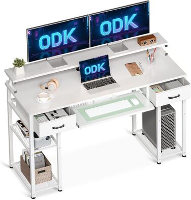 Стіл для комп'ютера ODK білий з шухлядами, знімною полицею, підставкою для монітора та висувною полицею для клавіатури, 120x48x90 см, ігровий та офісний