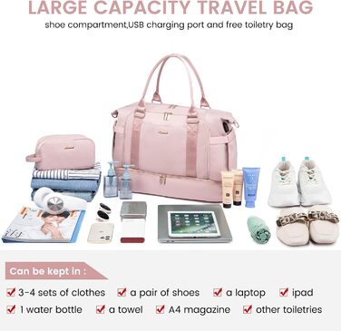 Спортивна сумка LOVEVOOK для подорожей, жіноча, 37L, рожева: Weekender, культ. сумка, відділення для взуття та мокрих речей