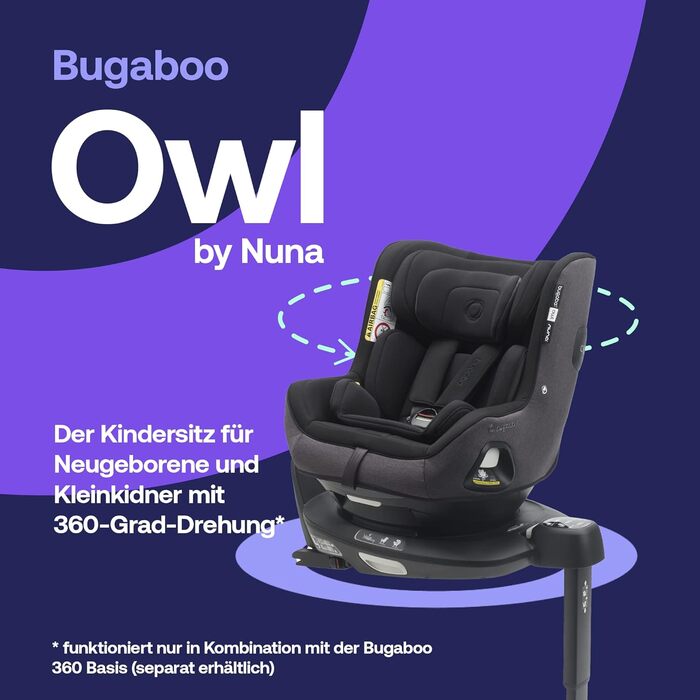 Дитяче автокрісло Bugaboo Owl by Nuna Isofix 0-18 кг, 360° обертання, група 0+/1, для новонароджених і дітей до 4 років, посилений захист, чорне