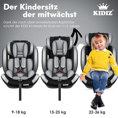 Дитяче автокрісло KIDIZ з Isofix, група 1/2/3, 9-36 кг, регульований підголівник, 5-точковий ремінь, сіре, для дітей 1-12 років