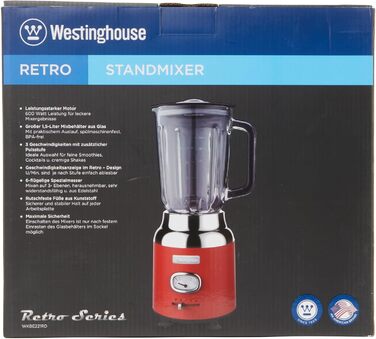 Кухонний блендер Westinghouse Retro, 1.5 л, скляна чаша, 600 Вт, 3 швидкості, імпульсний режим, 6-лезове ножі, нержавіюча сталь, BPA free, червоний