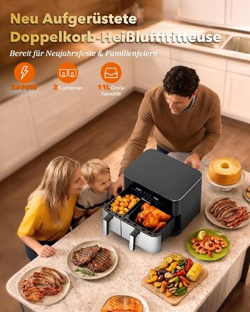 Аерофритюрниця WELLENT Dual Zone XXL 11л (6+6л), 2950W, з двома камерами, вікном перегляду та функцією Match & Sync