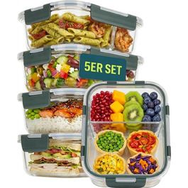 Набір скляних контейнерів для їжі з кришками uandu, 10 предметів, Meal Prep бокси з 2 відділеннями, антрацит
