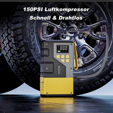 Пусковий пристрій Powerbank Jump Starter з компресором для шин 3000A, 150 PSI, LCD-дисплеєм та LED-ліхтарем (Жовтий)