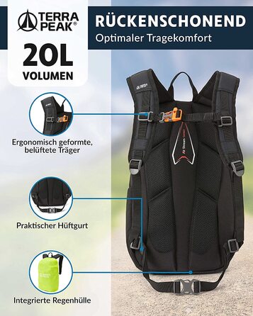 Туристичний рюкзак Terra Peak Flex 20L, чорний, з вентиляцією спини, питною системою та дощовиком, поліестер 3D Air Mesh, для походів та міста