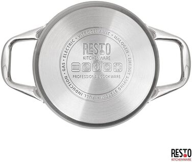 Каструля RESTO з нержавіючої сталі 18/10, 5,4 л, універсальна, скляна кришка, термостійкі ручки, мірна шкала, для всіх типів плит, діаметр 24 см, висота 13,5 см, подарункова коробка