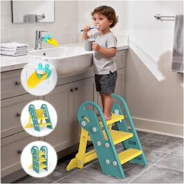 Дитячий підсвічник Onasti Tritthocker Kinder: регульована висота, 3 сходинки, з ручками, складний, анти-кіп та анти-ковзний, для кухні, ванної, раковини та туалету (сірий) сіро-білий (зелений)