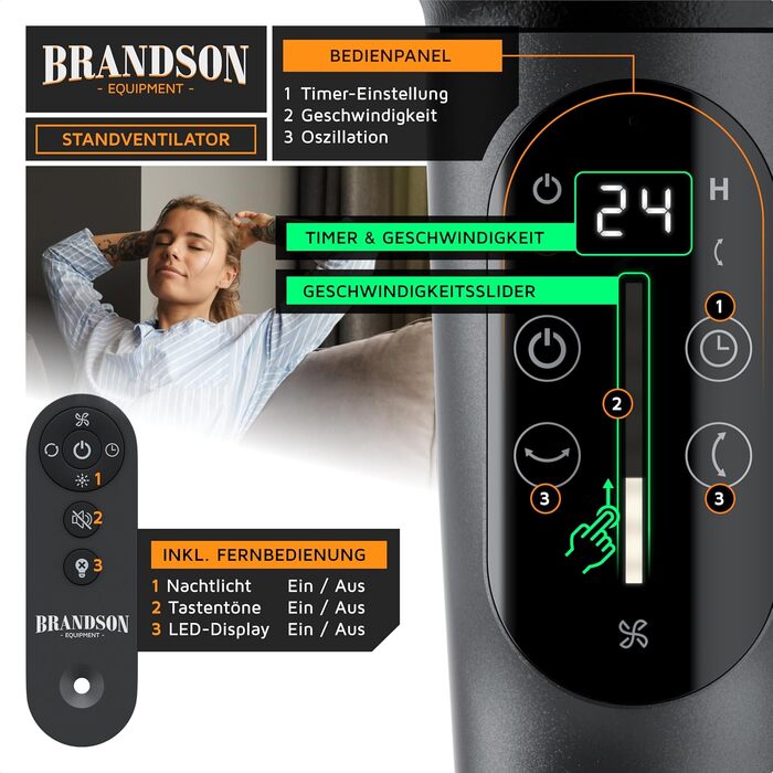 Вентилятор підлоговий Brandson 3D з ЕКО DC мотором, сірий: тихий, 24 швидкості, осциляція, пульт ДУ, енергозбереження