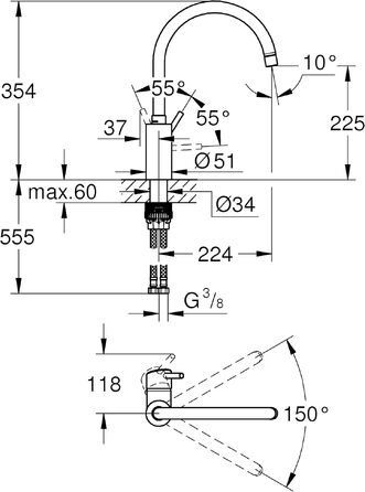 Змішувач кухонний GROHE Concetto Supersteel 32661DC3 нержавіюча сталь: поворотний на 150°, з обмежувачем витрати води, комплект кріплення
