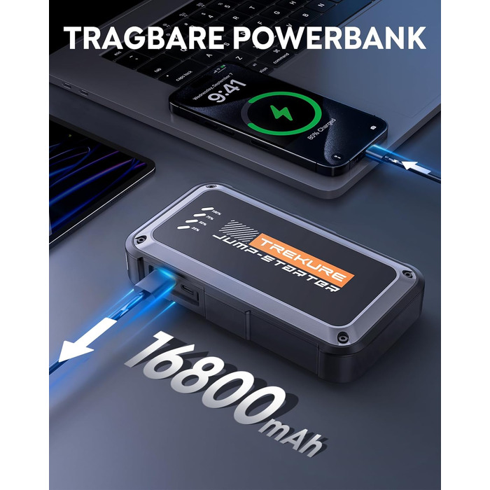 Бустер для автомобіля TREKURE 7000A: Пусковий пристрій (Powerbank) для бензинових двигунів до 9л та дизельних до 6.5л, з функцією примусового запуску, магнітним кріпленням та 4-в-1 LED робочим світлом, сріблястий