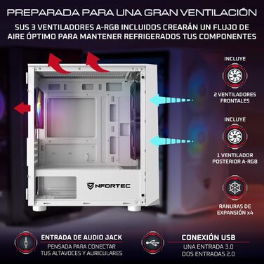 Nfortec DYS ігровий корпус для ПК Mini Tower (MATX), 3x 120 мм ARGB вентилятори, металева сітка, скляна бічна панель, білий