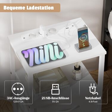 Нічний столик з LED-підсвіткою та функцією зарядки, з шухлядою, 3 розетки AC та USB, для вітальні та спальні (40T x 30B x 60H cm, Білий, 2 шт.)