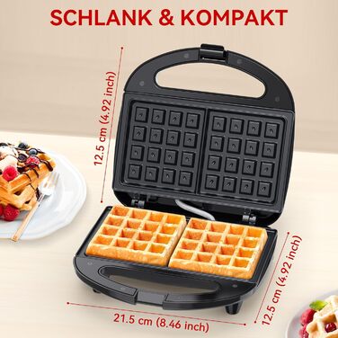 Вафельниця Snailar, компактна 750Вт, бельгійська, 2 квадратні пластини, антипригарне покриття, легке очищення, для хрустких вафель