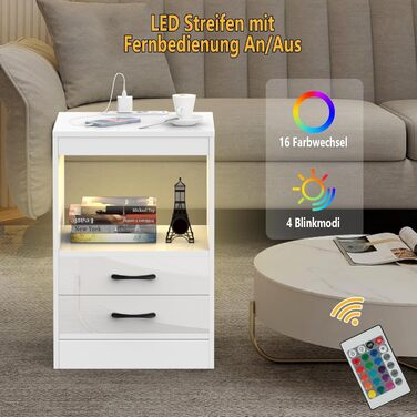Тумба приліжкова з розеткою та LED підсвіткою, чорна, 40x35x60 см, сучасна нічна комод з 2+1 шухлядами для ліжка-бокспрінг