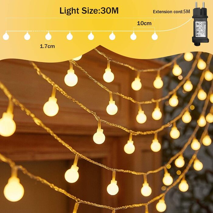 Гірлянда світлова LED 35м 300 LED кульки, вулична/кімнатна, 8 режимів, IP44, теплий білий колір, для декору свят, весіль, саду, тераси, балкону