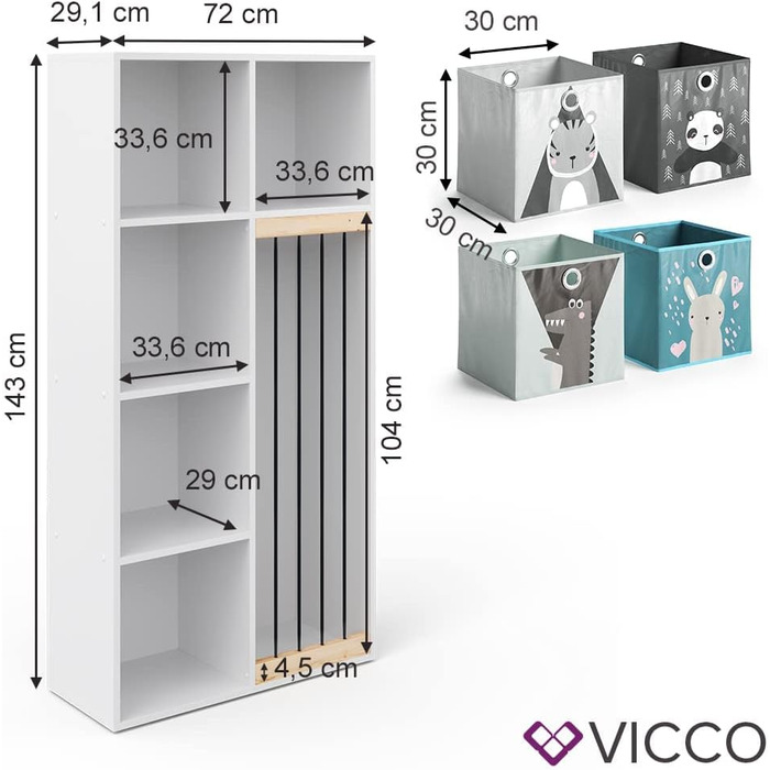 Дитяча полиця Vicco Marvin, біла, 72x143 см, з 4 складаними коробами, Опція 2