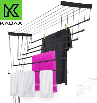 Стельова сушарка для білизни KADAX, 6 прутів, настінна, сталеві перекладини з поліетиленовим покриттям, вантажопідйомність 12 кг, 160 см, чорна