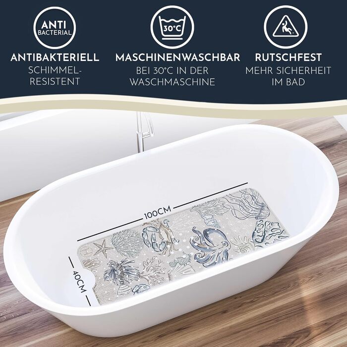 Гумовий килимок для ванни Homerella, антиковзний, без BPA, 100x40 см, з 2 гачками, для чутливої шкіри, стійкий до плісняви, машинне прання, бежевий Reef