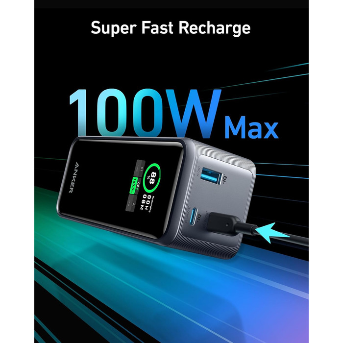 Power Bank Anker Prime: 20000 mAh, 200W, 2 x USB-C, USB-A, сумісний з iPhone, Samsung, MacBook, Dell